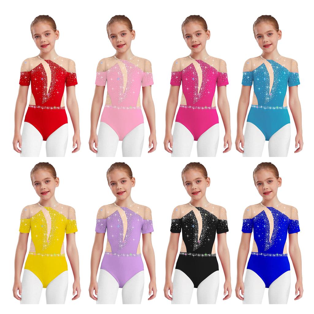 Girls Dance Bodysuit Short Sleeve Cutout Back Sheer Mesh Patchwork with Shiny Rhinestones Skating Wear