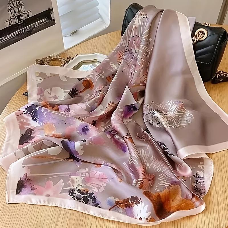 27.55inch Light Purple Flower Print Square Scarf Simulated Silk Thin Neck Scarf Elegant Style Sunscreen Headscarf For Women
