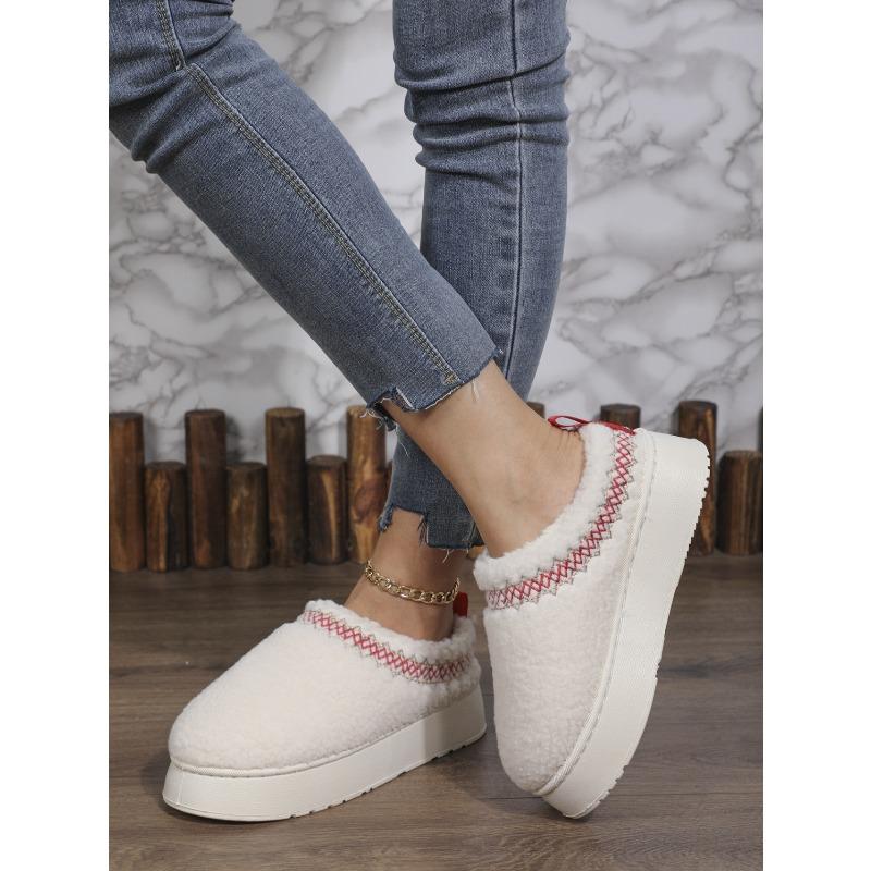 Thick Soles Wear Winter Headscarf Half Slippers, New Ethnic Style Lace Wool Semi-support Snow Cotton Slippers