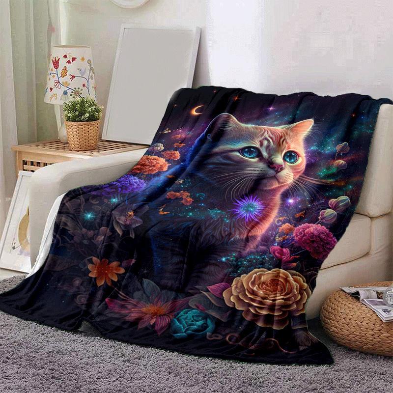 1pc Flower Cat Printing Lightweight Flannel Blanket, Comfortable and Warm Blanket,  Sofa Bed and Couch Office, Suitable for Gift Blankets