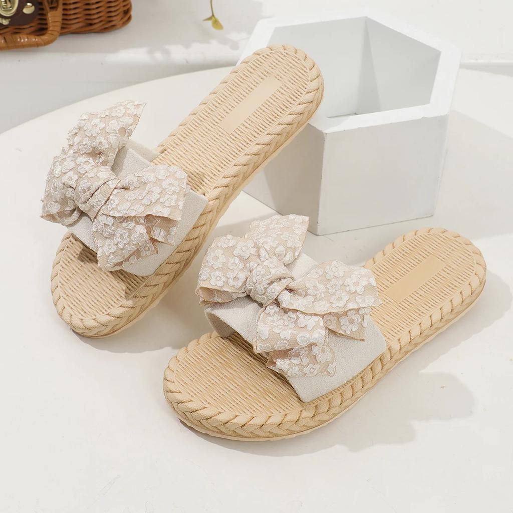 Fashion Women's fashion trend lace bow anti slip  wear-resistant comfortable soft sole flat heel slippers
