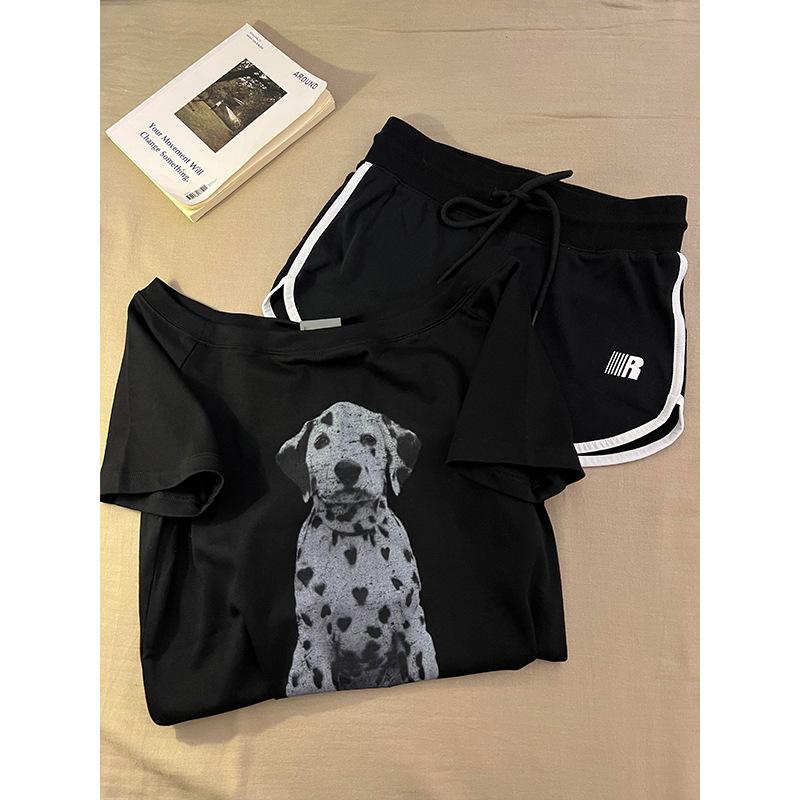 Korean cute spotted dog print slanted shoulder short-sleeved pajamas women can wear casual shorts homewear suit in summer