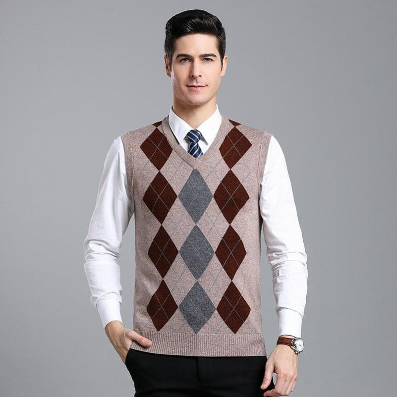 Wollweste mit V-Ausschnitt, Ärmellose Strickweste mit Rautenmuster, Pullover, Herrenweste, Gentleman-Stil, Business-Gentleman