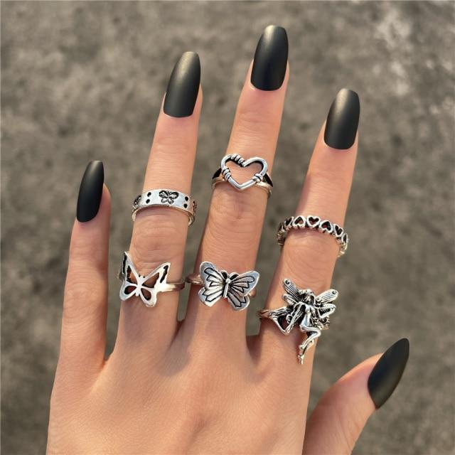6pcs Vintage Gothic Butterfly Angle Flower Multi Element Ring Set For Women Men Retro Personality Finger Ring Gifts