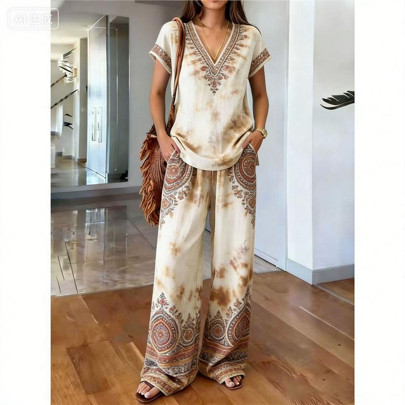 Y1 Summer Loose Vacation V-neck Top Wide-Leg Pants Two-Piece Women's Fashion Western Set