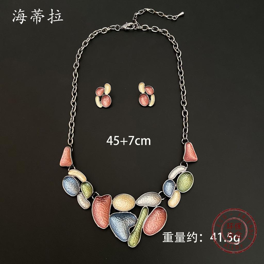 Farbe Malerei Öl Geometrisch Vergoldet Halskette Ohrringe Set Mode Damen Premium Blütenblatt Accessoires