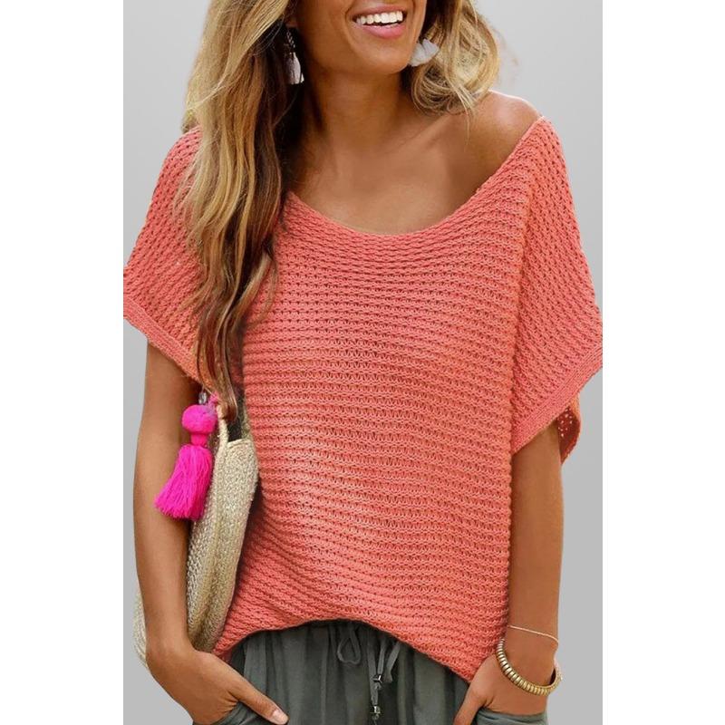 Summer Fashion Casual Round Neck Solid Color Knitted Sweater Loose Short Sleeved Women's Top
