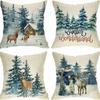 Blue Christmas Cushion Cover Christmas Elk Snowflake Print Pillowcase Sofa Ornament Bedroom Home Decoration New Year Gift
