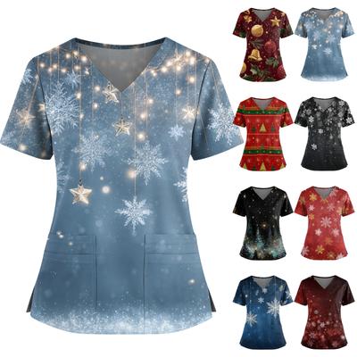 Damen Weihnachten Bedruckt V-Ausschnitt Doppeltasche Kurzarm Saumschlitz Uniform Pflegekraft Oberteil