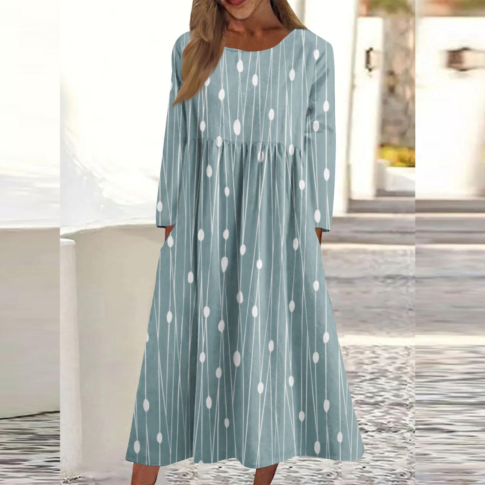 

Женское повседневное платье средней длины с круглым вырезом и принтом, карманное платье с длинными рукавами XL