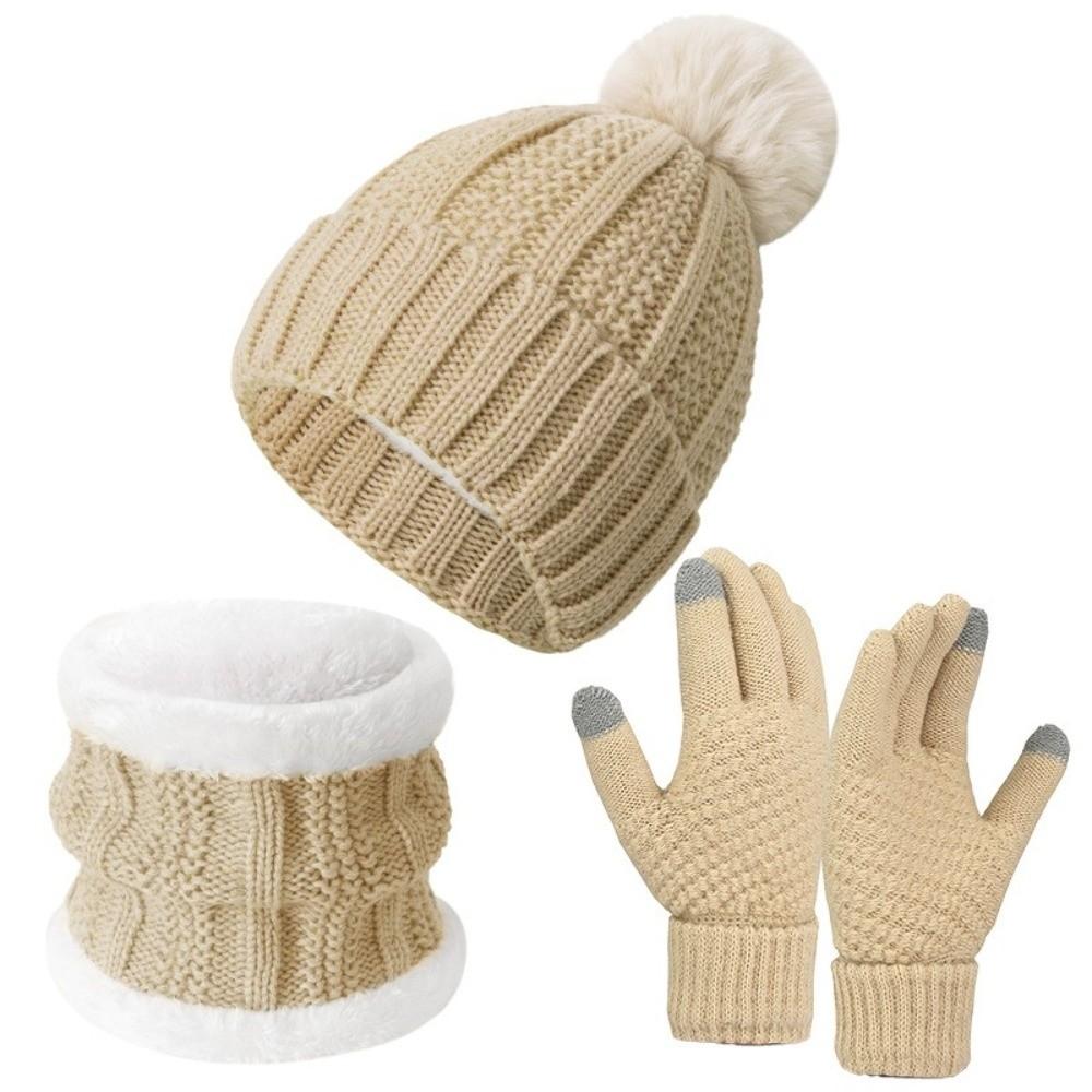 3pcs Thickened Knitted Hat Cute Pompom Beanie Hat Soft Hat Scarf Gloves Set  Daily