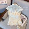 Summer Skinny Temperament Top Versatile Dark Pattern Twill Stand-Up Neck Short Sleeve T-Shirt Tide