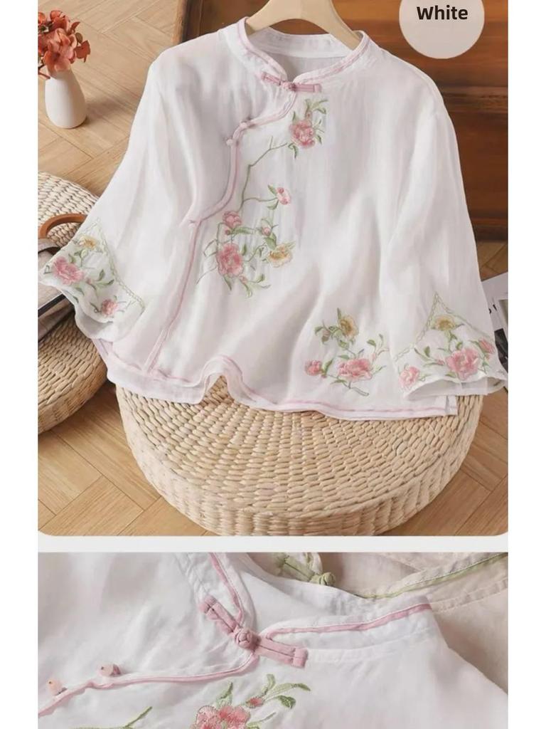 Women's Ethnic Cotton Embroidered Top - Chinese Slanted Placket with Frog Buttons, Artistic Summer Shirt