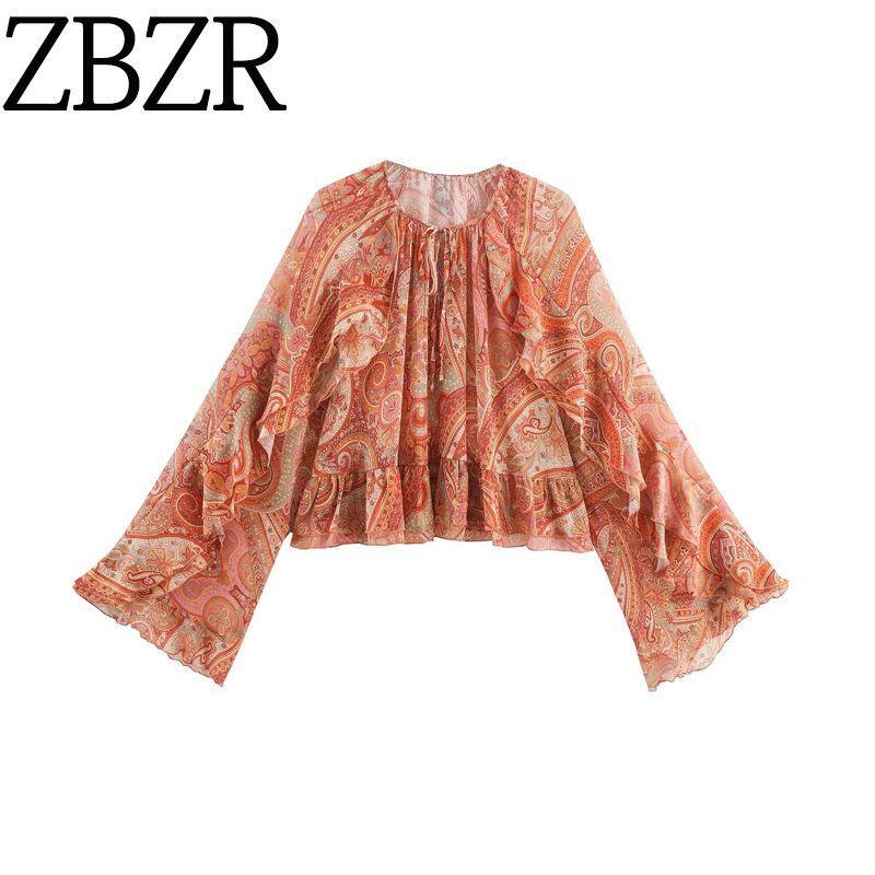 Zbzr Spring New Arrival Women's Clothing Fashion Style Round Neck Paisley Print Bell Sleeve Ruffles Loose Tops