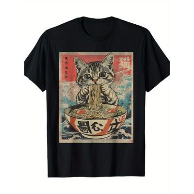 Europäische Größen 1 Stück Süßes Katzen Ramen Anime T-Shirt, Exklusiv für Herren, Rundhalsausschnitt, Kurzarm, Normale Passform, Wochenend-Freizeitkleidung