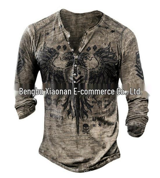 Evropské a americké slim fit plus size tičko bez límečku s potiskem, ležérní s dlouhým rukávem