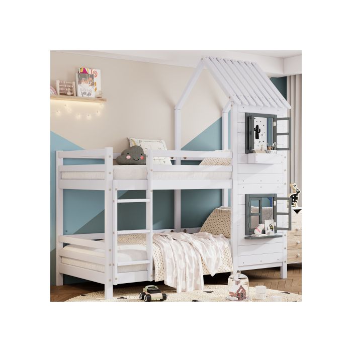 Lit superposé avec barrières et fenêtre avec protection contre les chutes et barrière, cadre en pin, blanc (90x200cm)