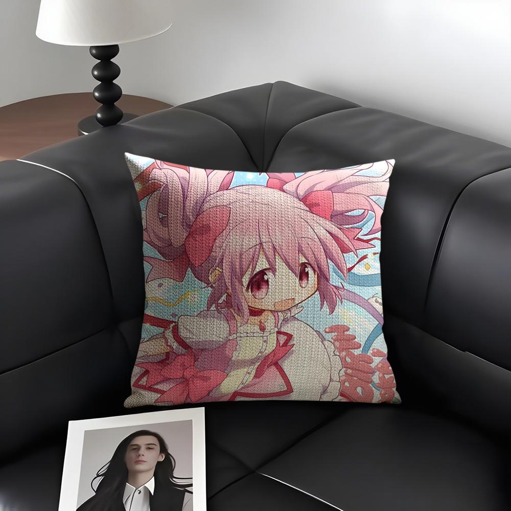 M-Madoka Magicaa Cute Cushion Cover Natural Linen Organic Fabric Double-Sided Printing Sofa Home Decor Gift Pillow Case