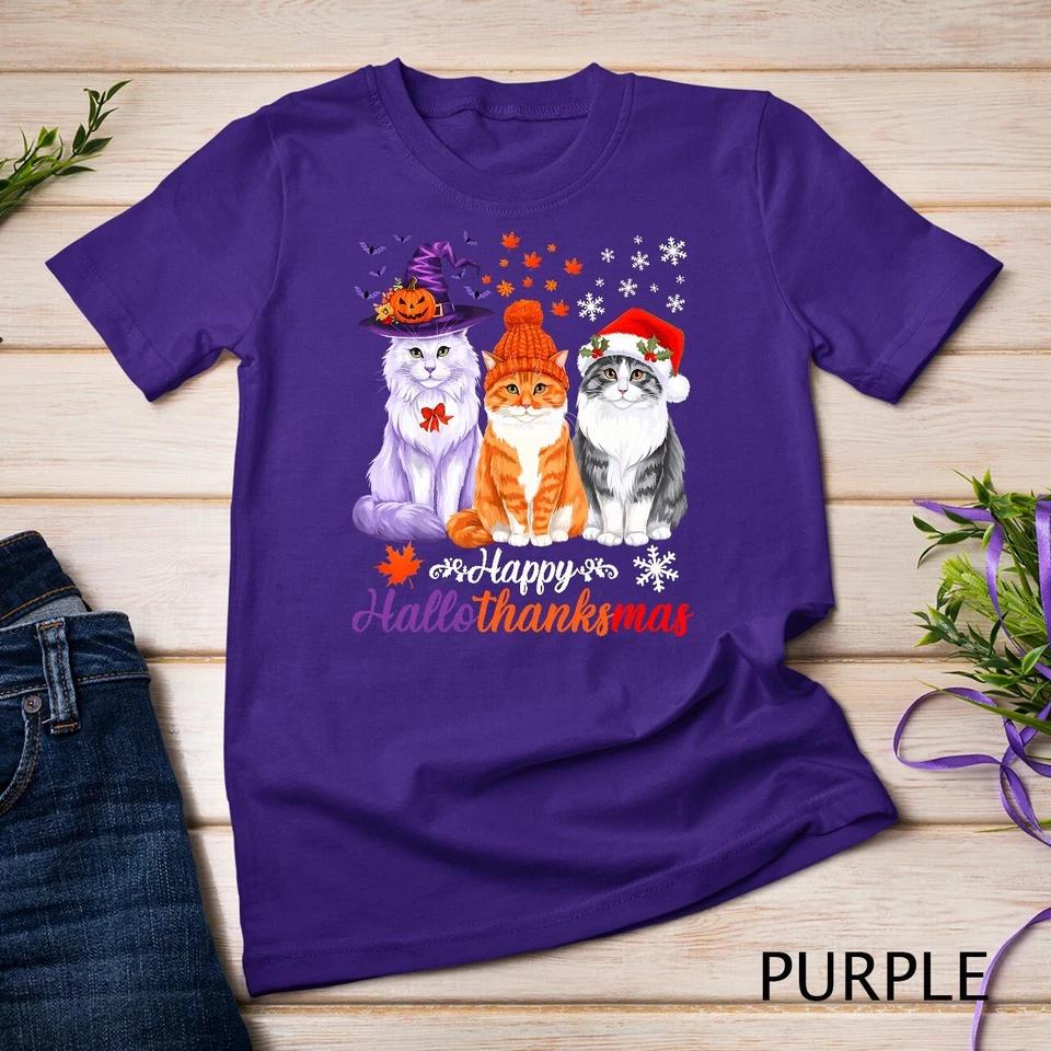 Happy HalloThanksMas Cats Halloween Thanksgiving Christmas Unisex T-shirt 7 S