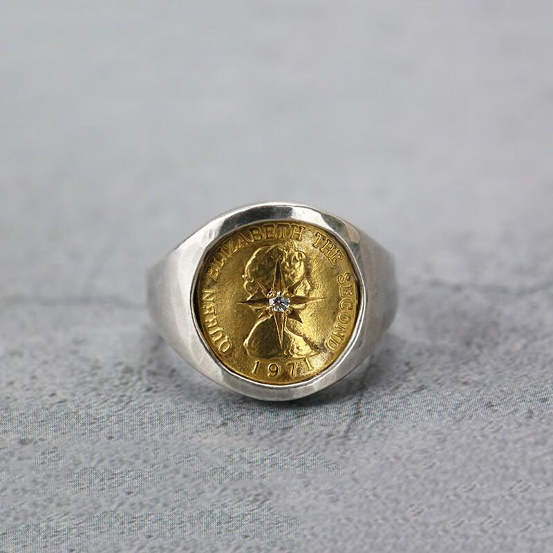 Adjustable Vintage Copper Coin Ring With Rhinestone Rays Unisex Retro Statement Jewelry Men Women
