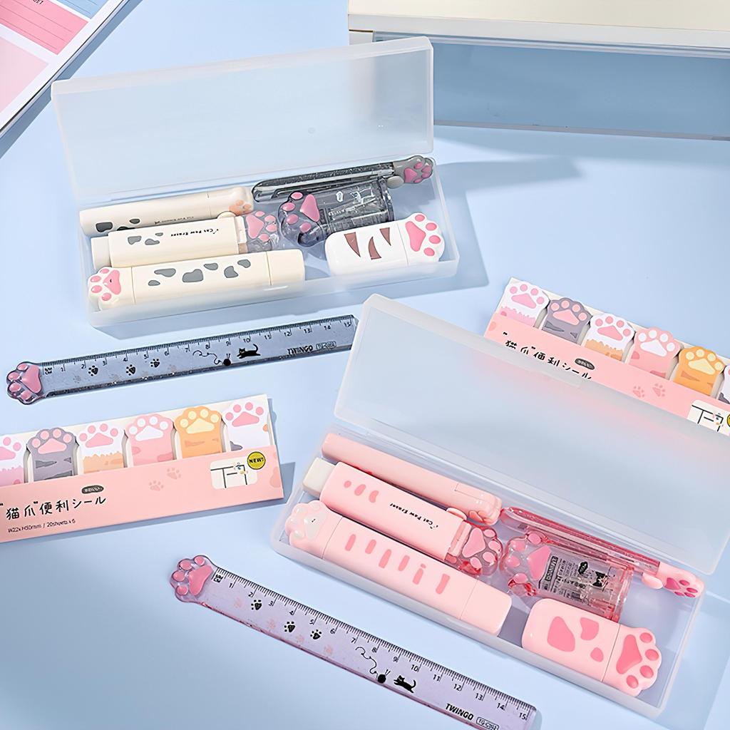 9-delige Kattenpoot Schrijfwaren Doos Set, Vouwschaar & Liniaal & Gum & Correctietape & Lijmtape in Potlooddoos Kinderbeloning