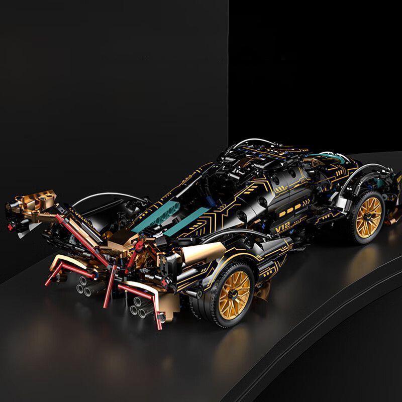 Black V12 Block Roadster Rc Tech Racer 1:14 Diy Racing Car Building Block Assembly Block Car Toy Birthday Gift