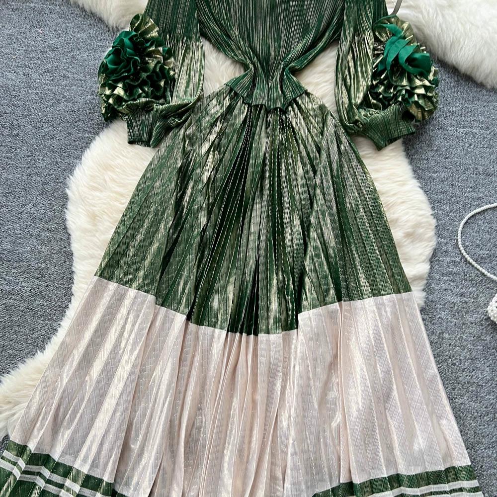 Wiosna Jesień Kobiety Luksus Plus Size Plisy Miyake Kwiat 3D Oversize Luźna Długa Sukienka Maxi Party Plisowana