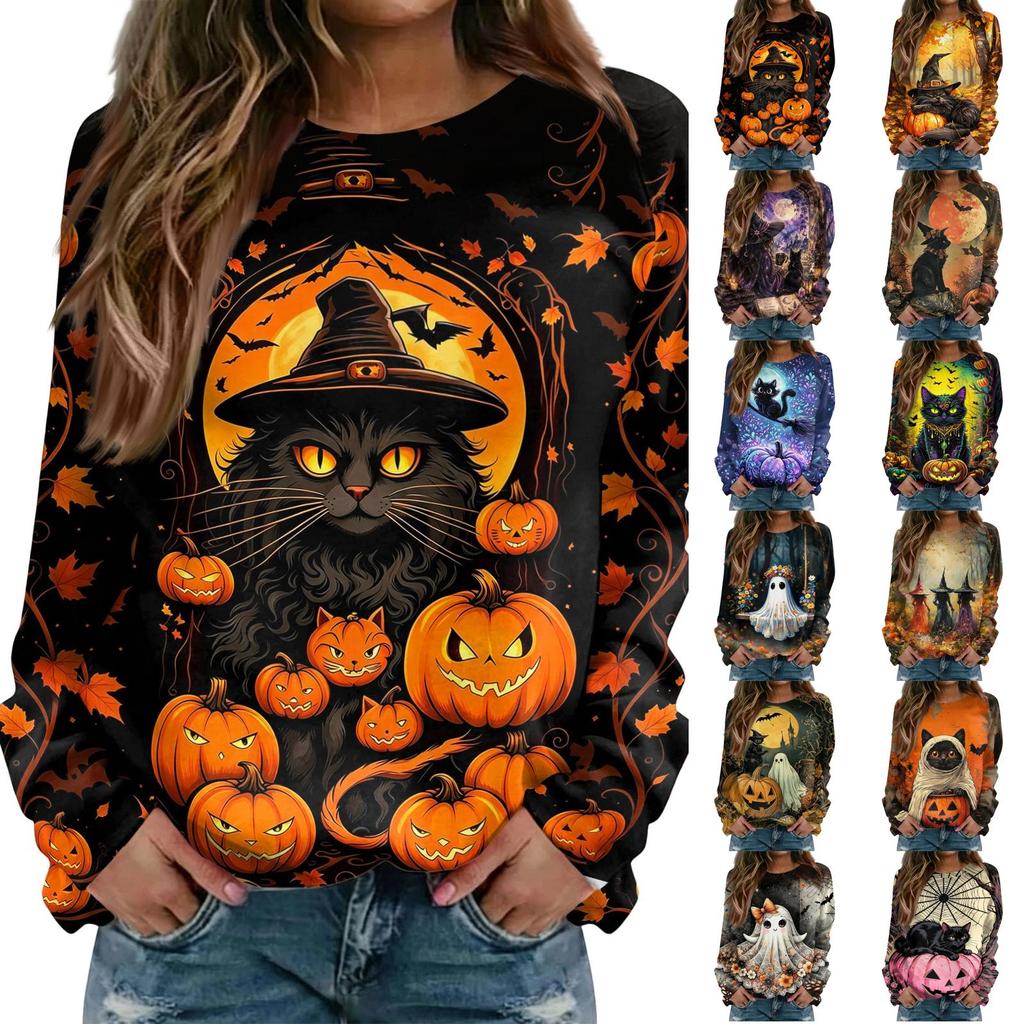 Women's Casual Halloween Print Raglan Long Sleeve Neck Sweatshirt Top