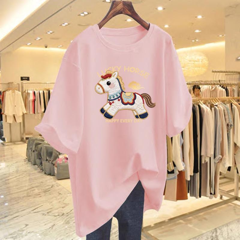 2026 Year of the Horse Red Pure Cotton Women's Loose Fit Short Sleeve T-shirt