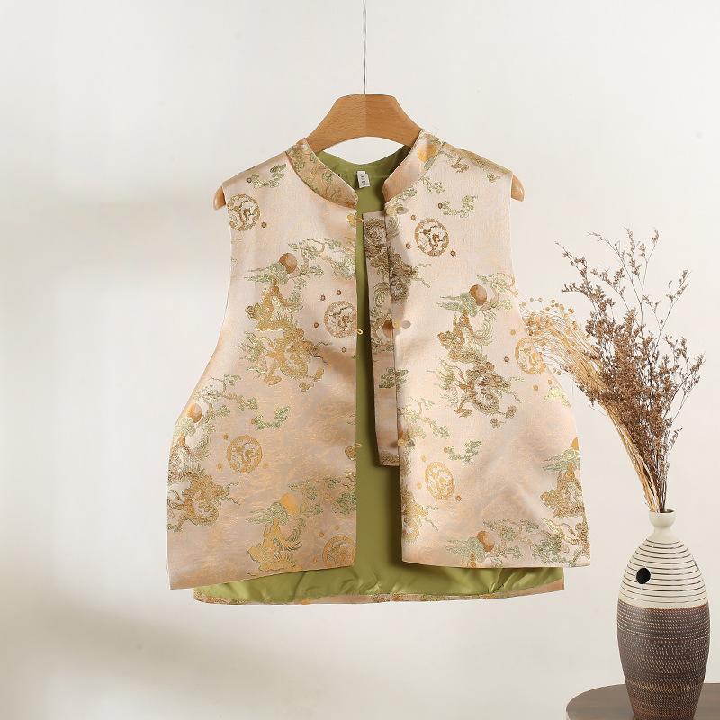 Gold Thread Dragon and Phoenix Jacquard Vest Stand-up Collar Cardigan Retro Elegant Dignified Vest Female