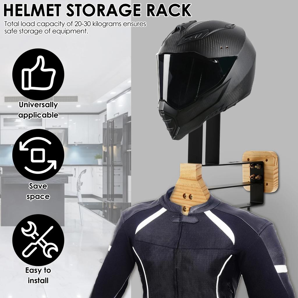 Motorcycle Helmet Rack Wooden Vest Helmet Wall Mount Stand with Hooks 2-In-1 Versatile Motorcycle Helmet Vest Holder for Storage