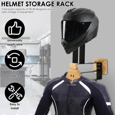 Drewniany stojak na kask motocyklowy, wieszak ścienny na kask i kamizelkę z haczykami, wszechstronny uchwyt 2-w-1 na kask i kamizelkę motocyklową do przechowywania