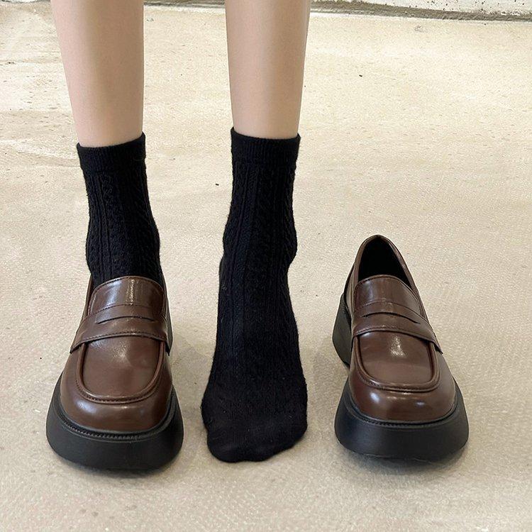 Qiao Feifei~ Platform Loafers Women's 2023 Muffin Shoes Versatile Black British Style Small Leather Shoes One Pedal Single Shoes