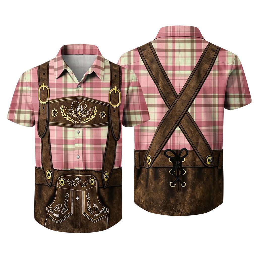 Men’s Short Sleeve Button Down Shirt with Vintage Festival Print Relaxed Fit Casual Party and Everyday Wear Top