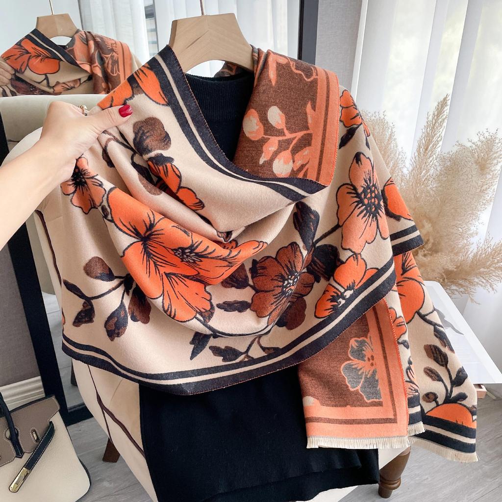 Korean Version Double-Sided Printing Imitation Cashmere Scarf Women'S Thickened Winter Warm Scarf Fashion Shawl Scarf