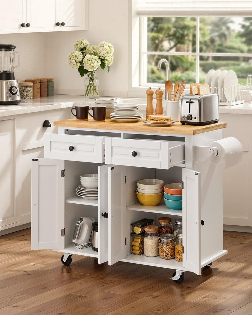 VEVOR Kitchen Island Cart with Solid Wood Top, 90 cm Width Mobile Carts with Storage Cabinet, Rolling Kitchen Table with Spice Rack, Towel Rack
