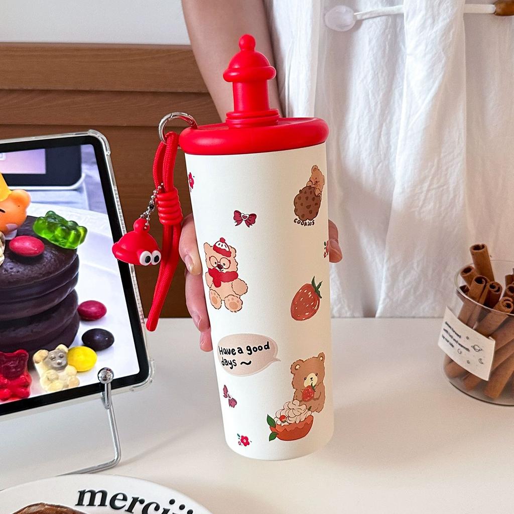 Cartoon High-value Straw Thermos Cup for Girls, Convenient Handle with Small Pendant 316 Stainless Steel Cute Accompanying Cup