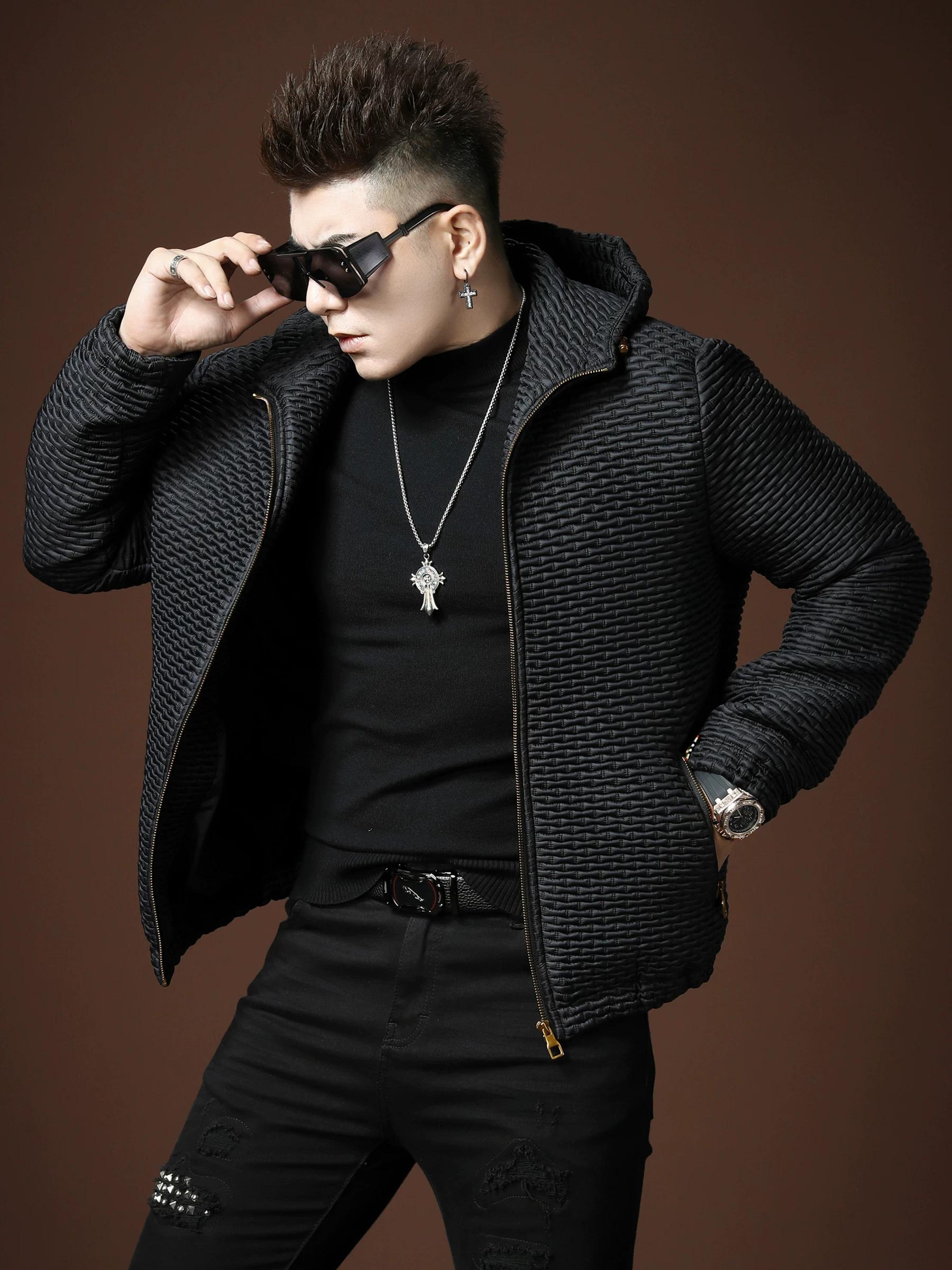 

European Trendy Brand Hooded Quilted Jacket for Men, High-End Embossed Jacket, Autumn and Winter 2025 New Casual Top for Men M (50-57.5kg) чёрный