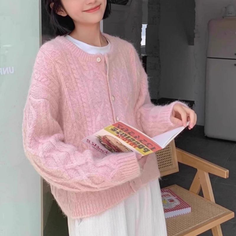 Gentle soft waxy versatile twist sweater cardigan women's autumn and winter new retro short knitted sweater jacket