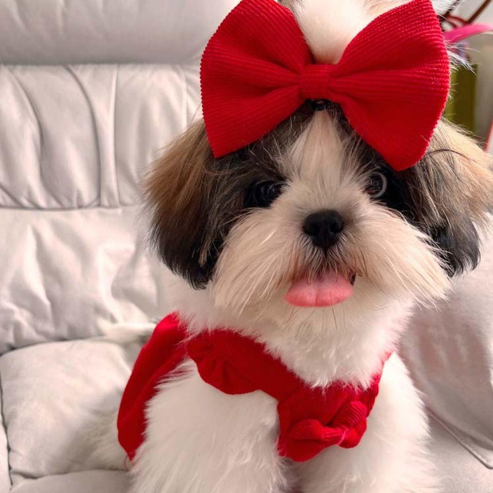 Pleated Bow Dog Skirt New Year Christmas Cat Princess Dress Pet Costume  Photograph Prop