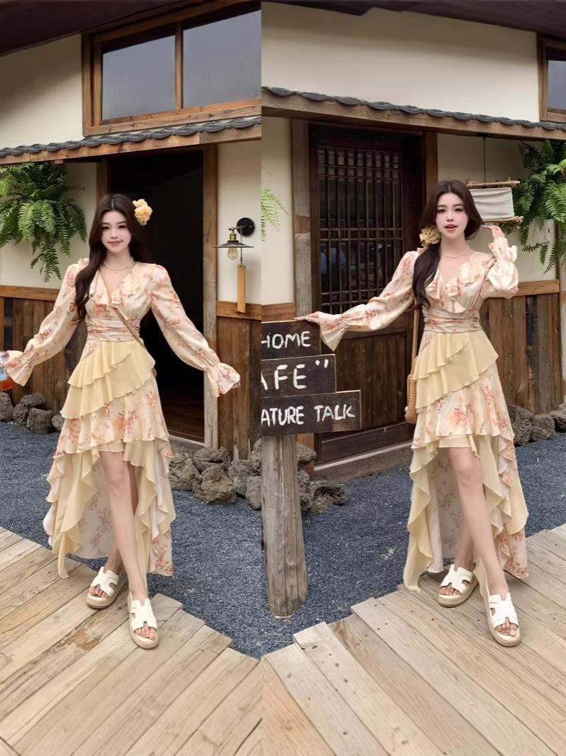 2026 Spring/Summer Plus Size Slimming Floral Ruffle V-Neck Vacation Dress XL