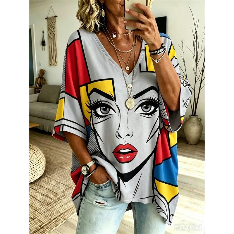 Plus-Size Dames V-hals Batwing Mouw T-shirt Boheemse Etnische Print Losse Top Zomer Comfortabel Ademend Dagelijkse Woon-werkverkeer Casual Afslankende Stijl