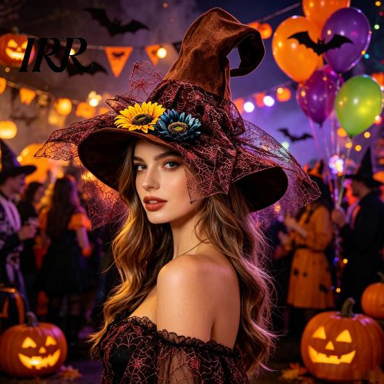 Non-itchy Halloween Hat Women's Large Ruched Witch Hat, Felt Wizard with Elegant Dark Ruffle/Flowers/Mesh, Adults Cosplay Costume for