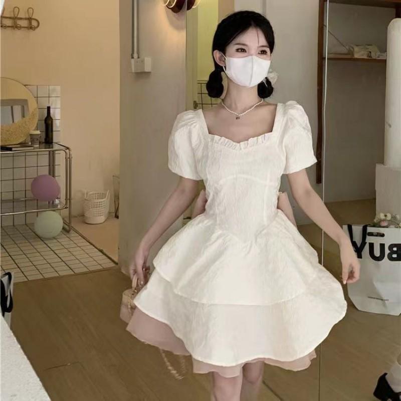 Womens Gradient Color Bow Detail Puff Sleeve Sweet Princess Dress Short High Waist A-Line Mini Teen Girls Students