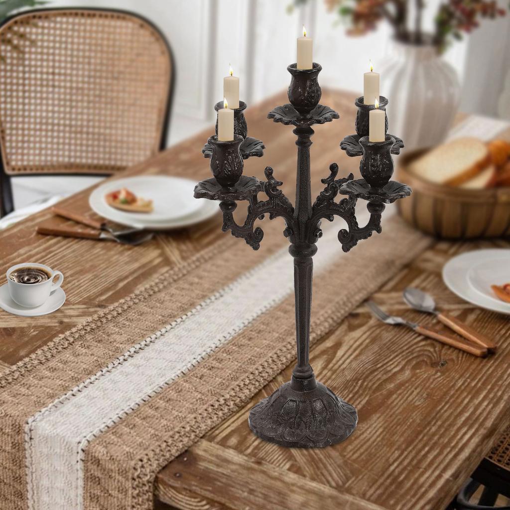 Height 17in Vintage 5-Arm Candle Holder – Rustic Brown Iron Candelabra for Tabletop Decor – Antique-Style 5-Light Candle Stand