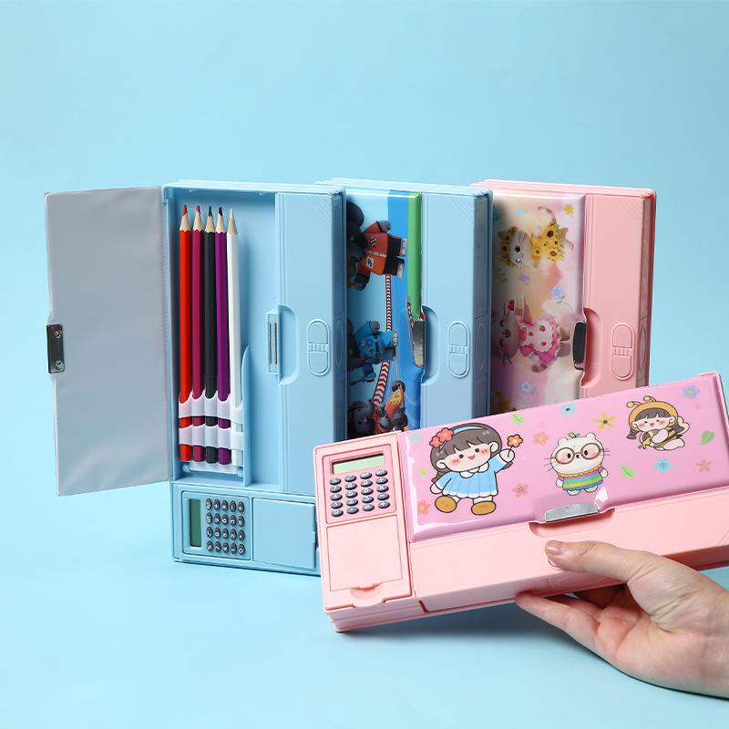 Multifunctional Calculator Pencil Case: Large Capacity Plastic Stationery Box for Primary School Students