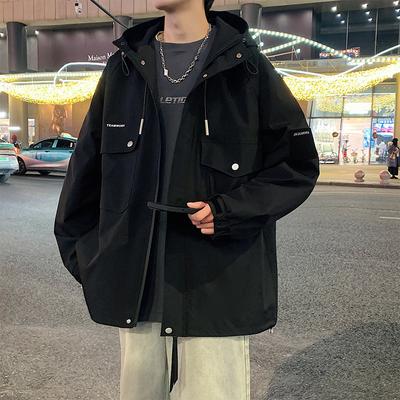 Męska Kurtka Wiosenno-Jesienna Styl Koreański Wielokieszeniowa Z Kapturem Wiatrówka Luźny Płaszcz Streetwear Czarna Wiatroodporna Casualowe Kurtki