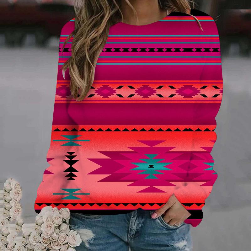 Spring and Autumn Round Neck 3D Ethnic Style Printed Top Fashionable Casual Long Sleeved Women's T-shirts