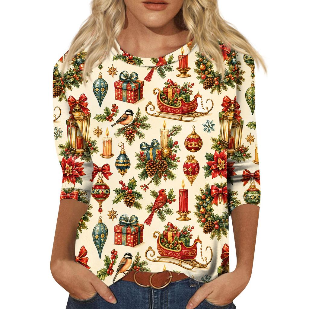 Women's Casual Christmas Print Neck Three-Quarter Sleeve T-Shirt for Everyday Wear