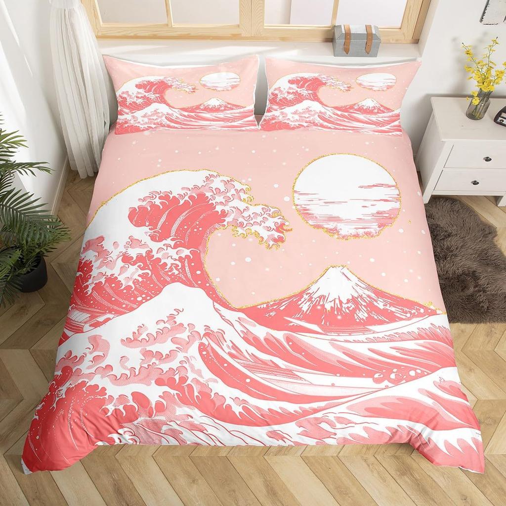 Japanese-Style Pink Wave Three-Piece Quilt Cover Digital Printing Bedding Set Bed Cover
